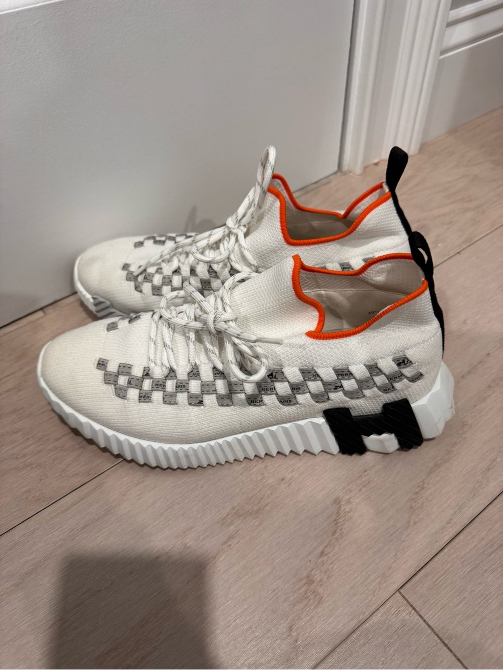 Hermes Cream Knit Sneakers with Orange Trim - Picture 3 of 9